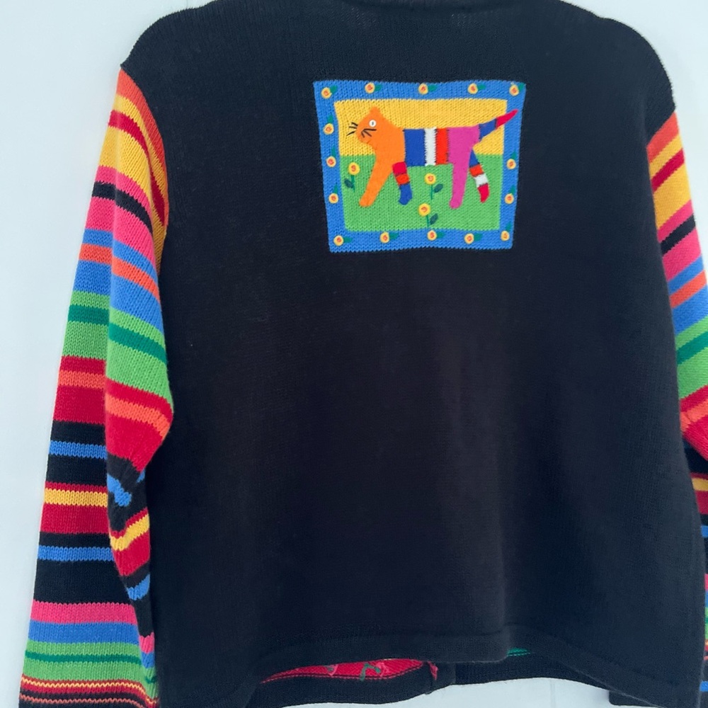 Susan Bristol Petites Colorful Black Embroidered Cats Sweater Cardigan Sz PLarge - Picture 11 of 12